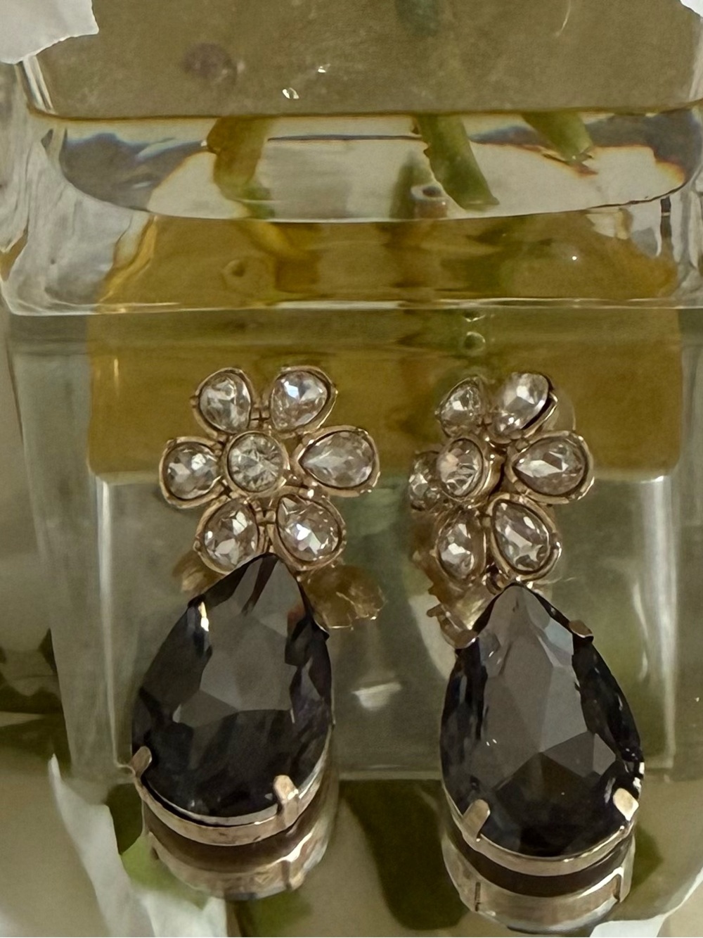 Anthropologie Gold-Tone Floral Clear Crystal and Smoky Teardrop Earrings